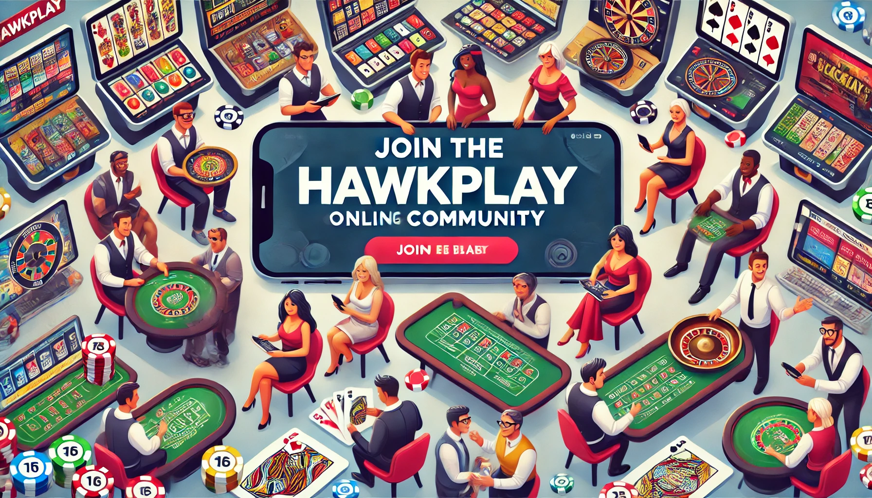 Hawkplay online betting community cover image with diverse group and popular game titles