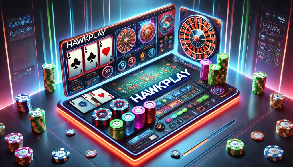 A sleek and modern online gaming platform interface with a vibrant color scheme, featuring casino elements like poker chips, slot reels, and cards, with the word 'Hawkplay' prominently displayed at the center