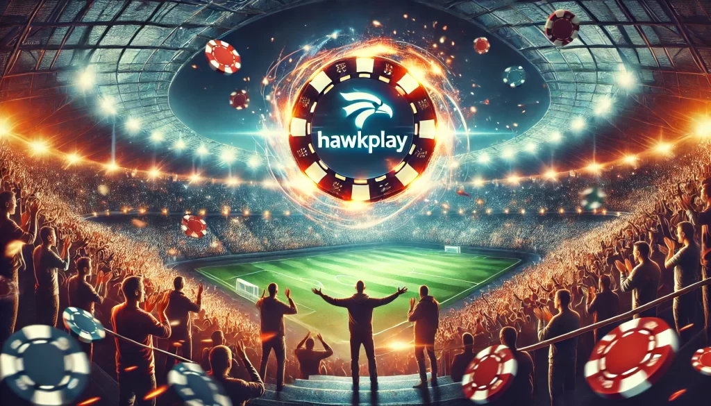 A dynamic and energetic sports betting scene, showing a cheering crowd in a stadium, with a glowing 'Hawkplay' logo floating above, integrating both sports and casino themes.