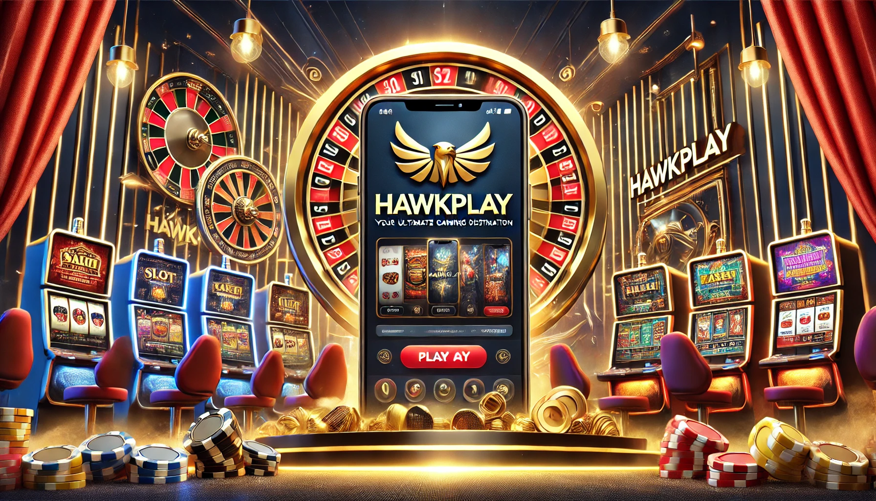 "A vibrant Hawkplay advertisement showcasing an online casino theme with slot machines, live dealer tables, and a mobile phone displaying the Hawkplay app. The text 'Hawkplay - Your Ultimate Gaming Destination' is prominently placed in the center, with luxurious gold, red, and black tones for an exciting look.