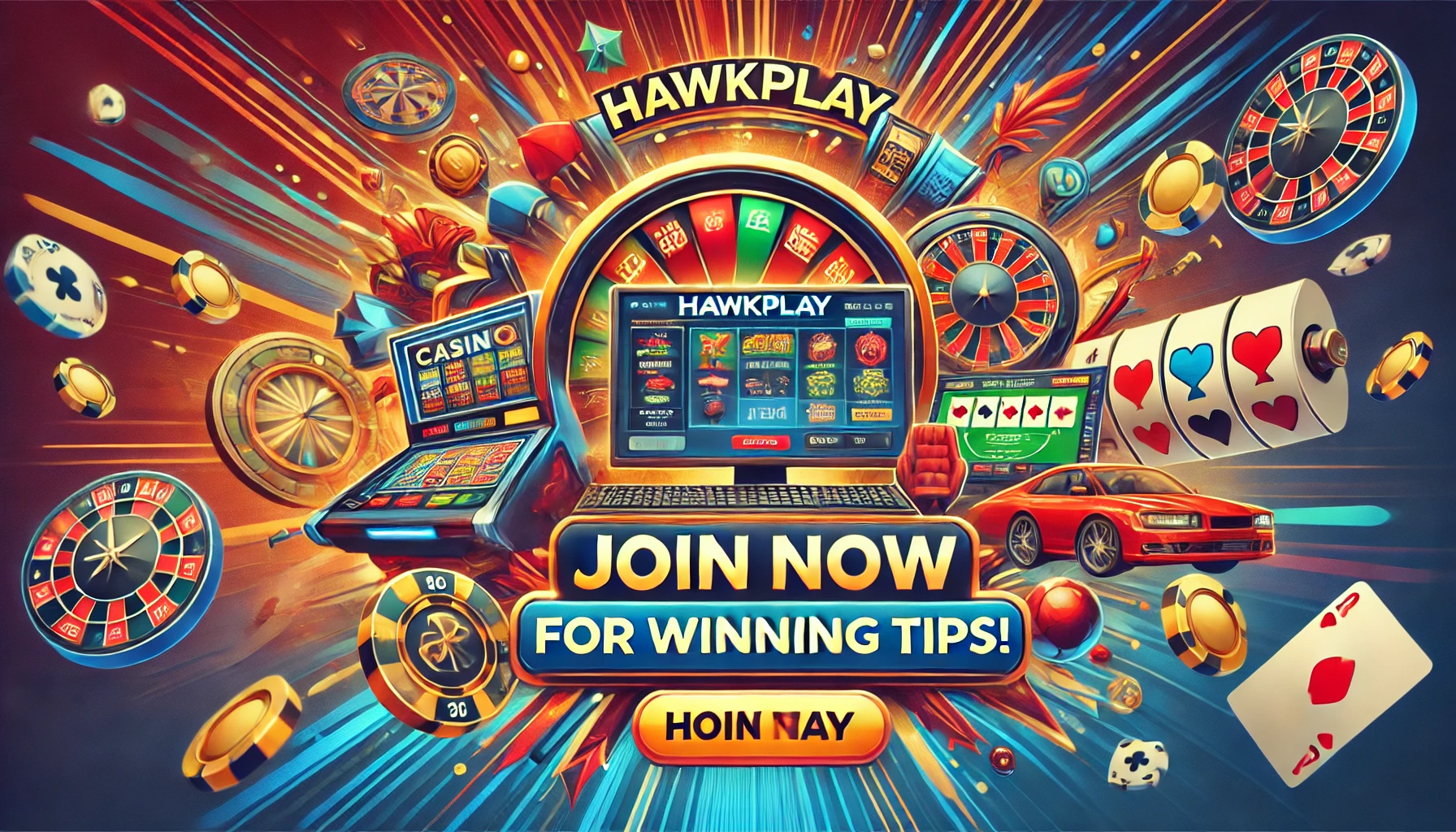 A vibrant Hawkplay advertisement showcasing online gaming with dynamic elements like casino games, sports betting, and slot machines. The text reads 'Hawkplay' with a call to action 'Join Now for Winning Tips!' The colors are a mix of gold, blue, and red, symbolizing excitement and luck.