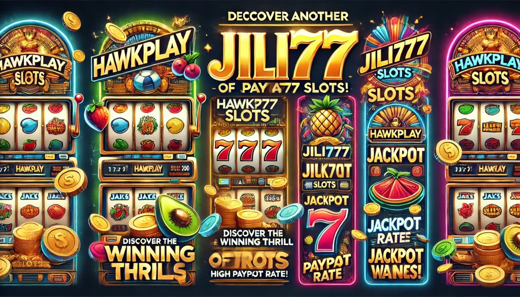 "A vibrant Hawkplay advertisement featuring dynamic spinning slot reels, golden coins, and exciting animations. The text reads 'Hawkplay' with a call to action 'Spin & Win with Jili777 Slots!' using gold, red, and blue tones to evoke energy and excitement.