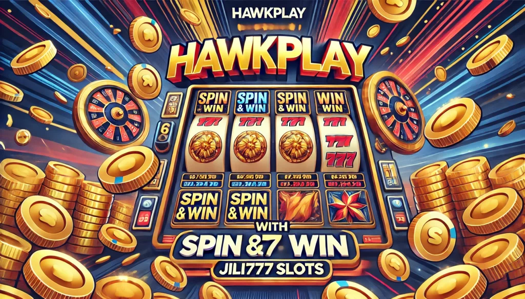 "A vibrant Hawkplay advertisement featuring dynamic spinning slot reels, golden coins, and exciting animations. The text reads 'Hawkplay' with a call to action 'Spin & Win with Jili777 Slots!' using gold, red, and blue tones to evoke energy and excitement.