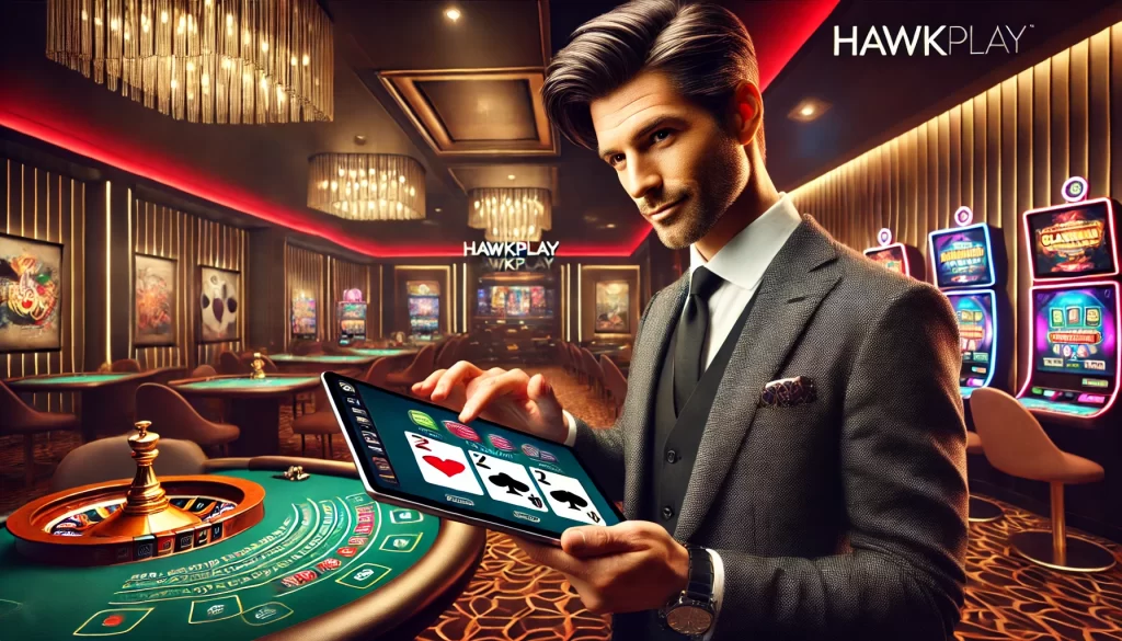 A confident man in a smart casual outfit plays online blackjack on his tablet in a stylish gaming room. His screen shows a close blackjack hand, nearly 21, with the Hawkplay logo at the top. The room has sleek lighting and subtle casino elements, creating an exciting, professional atmosphere.