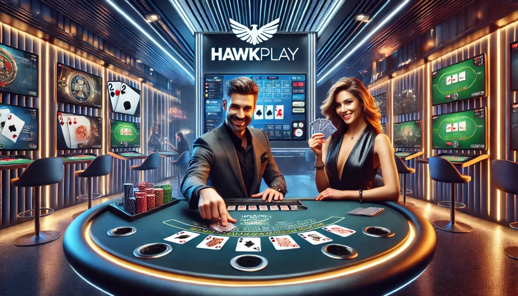 A man and a woman are seated at a sleek, online blackjack table in a modern casino setting, fully focused on the game. They smile as they hold their cards, with vibrant lights and screens displaying game visuals behind them. The Hawkplay logo is prominently displayed on one of the monitors, inviting players to join the gaming platform.