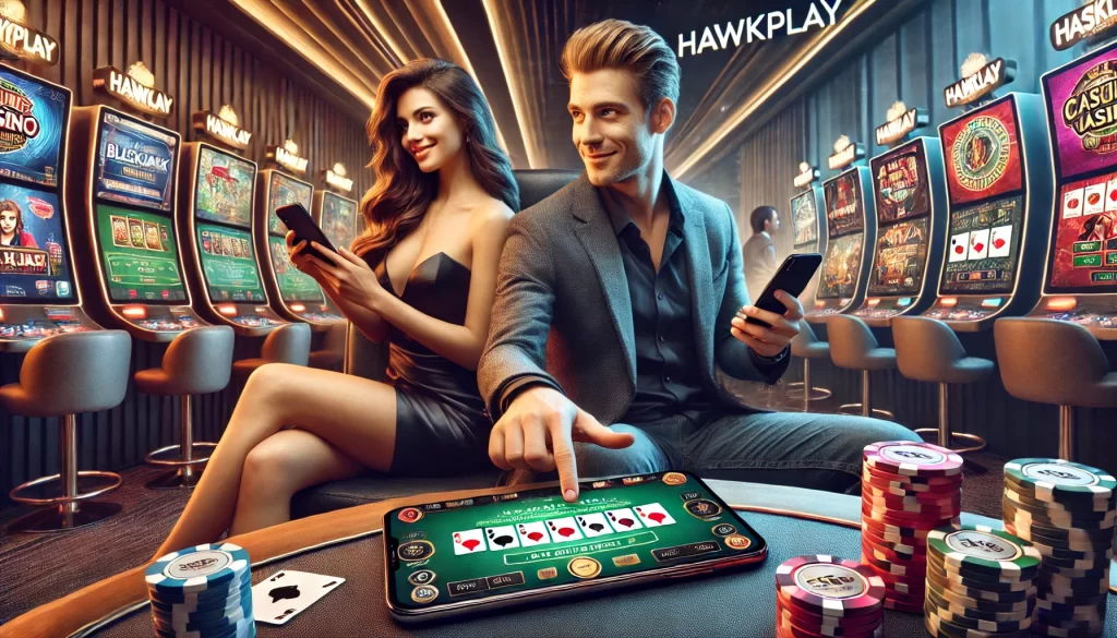 A man and a woman are sitting in a stylish, modern setting, playing online casino games on their mobile devices. The man is engaged in a blackjack game, while the woman is playing a slot machine, both smiling as they enjoy the experience. The Hawkplay logo is prominently displayed on both screens, with vibrant game graphics adding excitement to the scene. The background features subtle casino elements like playing cards and coins, creating a lively and immersive atmosphere.