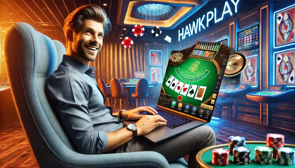 A man is seated comfortably in a gaming chair, playing an online casino game on his laptop. The laptop screen shows a blackjack game with the Hawkplay logo clearly visible. The man is smiling, focused on the game, surrounded by subtle casino-themed items like playing cards and poker chips. The atmosphere is professional yet exciting, highlighting the fun and engaging nature of Hawkplay.