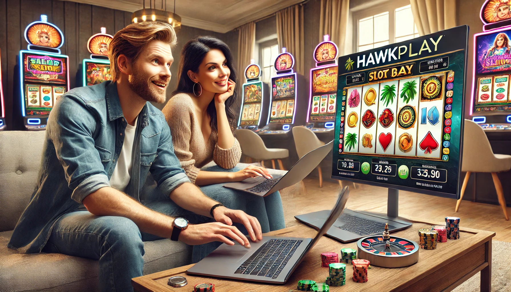 A man and woman are seated in a modern living room, both playing online slot machines on their laptops. The Hawkplay logo is visible on their screens, showing vibrant slot game graphics with spinning reels and colorful symbols. Both players are smiling and fully engaged, enjoying the excitement of online gambling. The atmosphere is lively and fun, highlighting the thrill of real money slots on Hawkplay