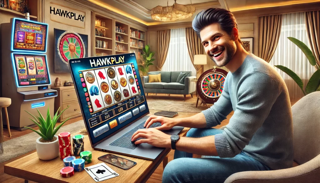 A man is sitting at a desk, playing an online slot machine on his laptop. The screen displays the Hawkplay logo and bright, colorful slot reels with spinning coins. The man is smiling, focused on the game, in a well-lit, modern room. Subtle casino elements like poker chips and playing cards appear in the background, creating an exciting and immersive gaming atmosphere on Hawkplay