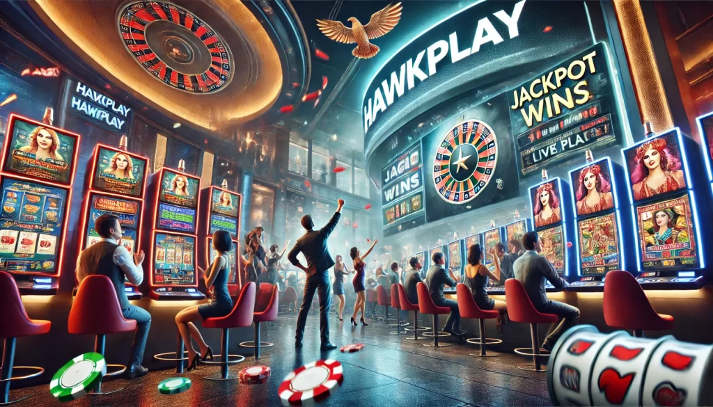 A dynamic advertisement showcasing a bustling casino scene with realistic people enjoying slot machines and live dealer games. Players are celebrating jackpot wins, while the Hawkplay branding is prominently displayed on screens. The setting highlights the excitement of high-paying slots and live dealer experiences with detailed casino elements such as chips, cards, and dice.