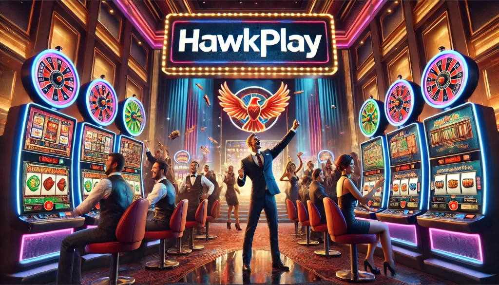 A high-quality advertisement for Hawkplay featuring a realistic casino setting with people playing at slot machines and a live dealer table. The players are celebrating their wins, surrounded by vibrant slot machines and Hawkplay branding displayed on screens and banners in the background, creating an exciting and engaging atmosphere.