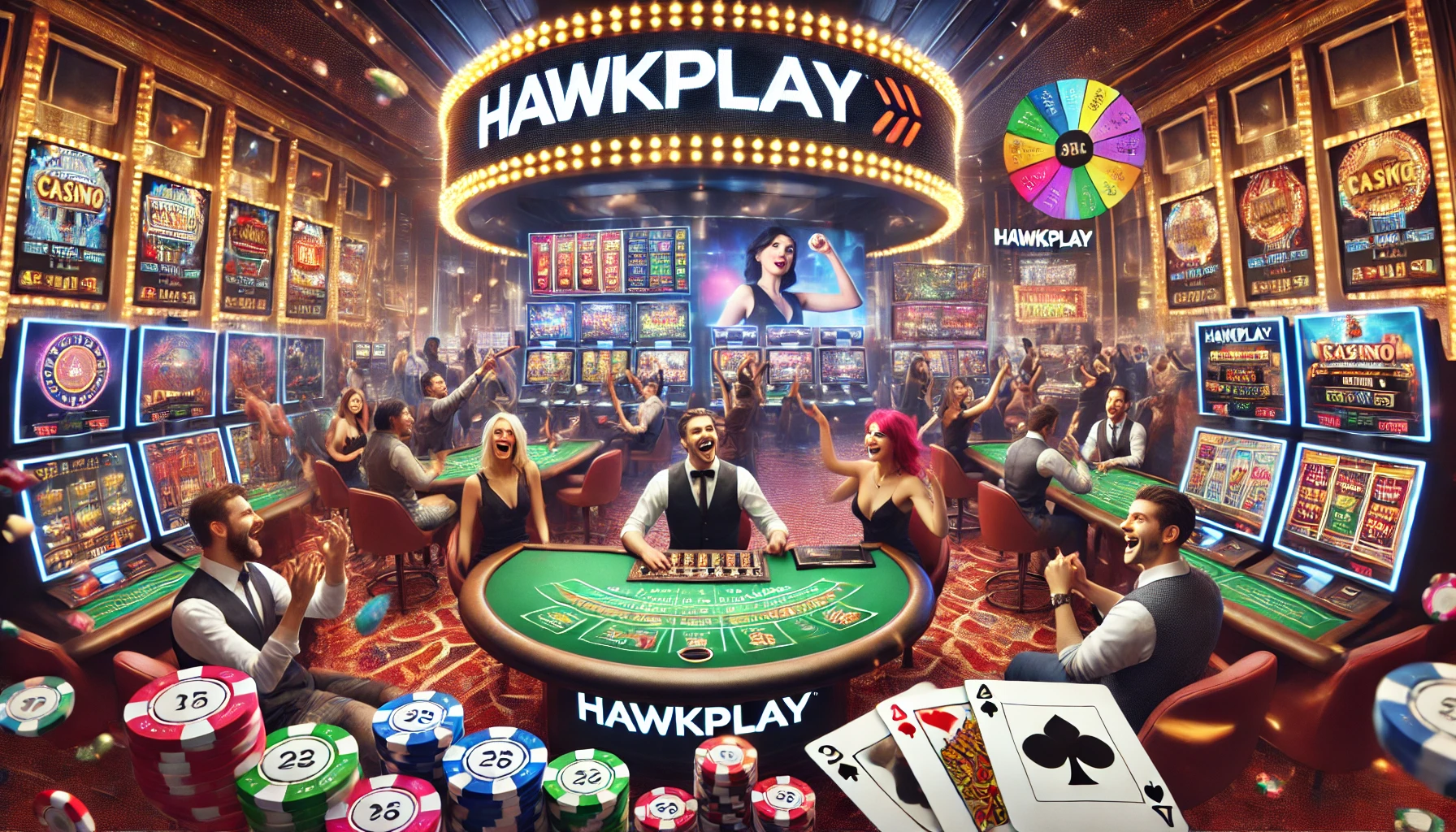 A dynamic casino environment in an advertisement for Hawkplay. The scene features players celebrating their wins at a live dealer table and slot machines. Hawkplay branding is visible on screens and around the casino, with chips, cards, and dice contributing to the engaging atmosphere. The focus is on the joy of winning big at Hawkplay.