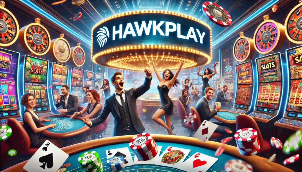 A dynamic casino environment in an advertisement for Hawkplay. The scene features players celebrating their wins at a live dealer table and slot machines. Hawkplay branding is visible on screens and around the casino, with chips, cards, and dice contributing to the engaging atmosphere. The focus is on the joy of winning big at Hawkplay.