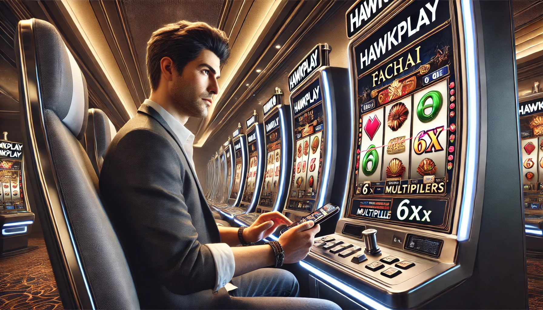 This image depicts a realistic person in a casino setting, fully immersed in playing the Fachai Slot game on a slot machine. The person appears focused, interacting with the game screen. The slot machine prominently displays the Hawkplay logo and features vibrant Chinese symbols and 6x multipliers on the game interface. The environment is lifelike, blending the person naturally into the casino scene, highlighting both the gaming experience and the Hawkplay branding.