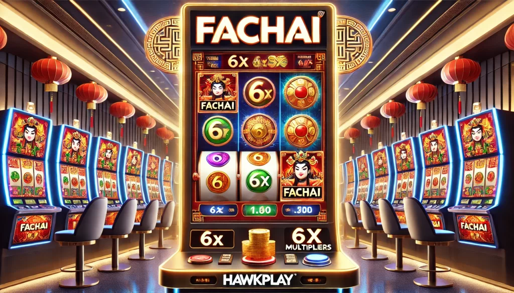 The image features a sleek and modern slot machine interface for Hawkplay, showcasing the Fachai Slot game. The machine displays vibrant Chinese cultural elements like lucky coins and symbols, along with the prominent 6x multipliers. The background is set in a modern casino environment, with clean lines and minimal distractions. The Hawkplay logo is clearly visible at the top, emphasizing the branding in a polished, professional design.