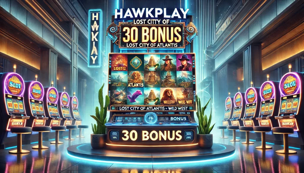 A professional advertising image showcasing the Hawkplay Slot machine, featuring vibrant themes like the Lost City of Atlantis and Wild West. The screen prominently displays a promotion for 30 exclusive bonuses, with the Hawkplay logo visible at the top. The setting resembles a clean and modern casino environment, focusing solely on the game interface without any people.