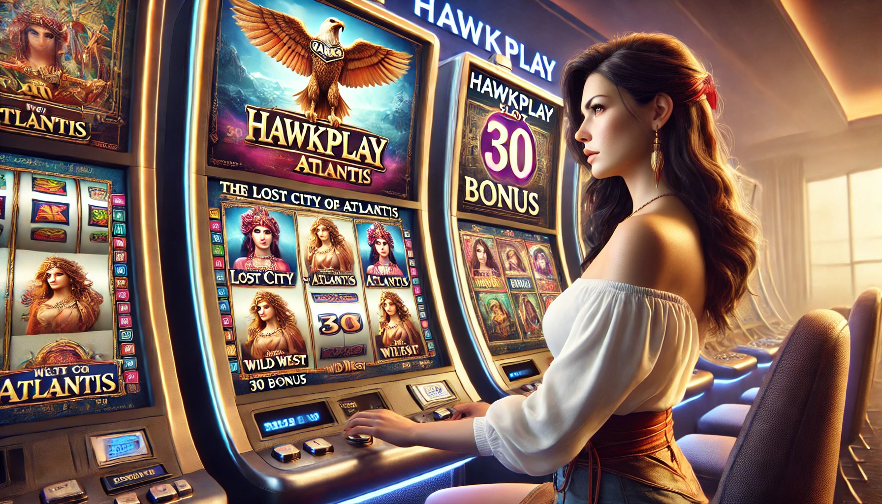 A realistic advertising image depicting a highly immersive scene of a female player interacting with the Hawkplay Slot machine. The machine displays vibrant slot themes, including the Lost City of Atlantis and Wild West, along with a clear 30 bonus promotion on the screen. The Hawkplay logo is clearly visible, and the setting is a lifelike casino environment, with the female player fully engaged in the gaming experience.